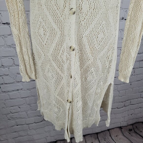 Free People Beige Crochet Sheer Buttoned Long Sleeve Cardigan Sweater Small S - Picture 10 of 15